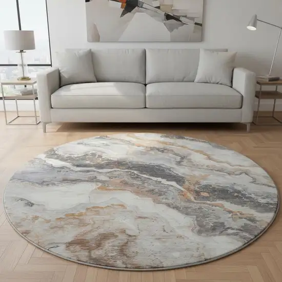 8' Silver Gray And Copper Abstract Washable Round Rug With UV Protection Photo 2