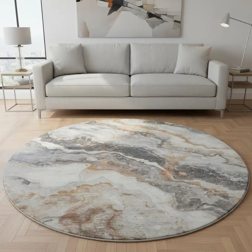 8' Silver Gray And Copper Abstract Washable Round Rug With UV Protection Photo 2