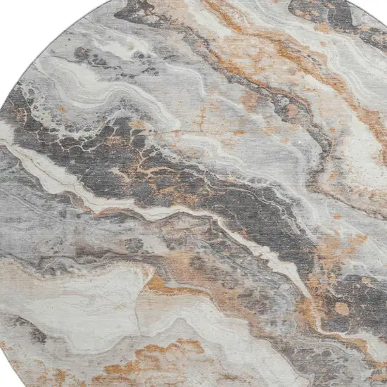 8' Silver Gray And Copper Abstract Washable Round Rug With UV Protection Photo 2
