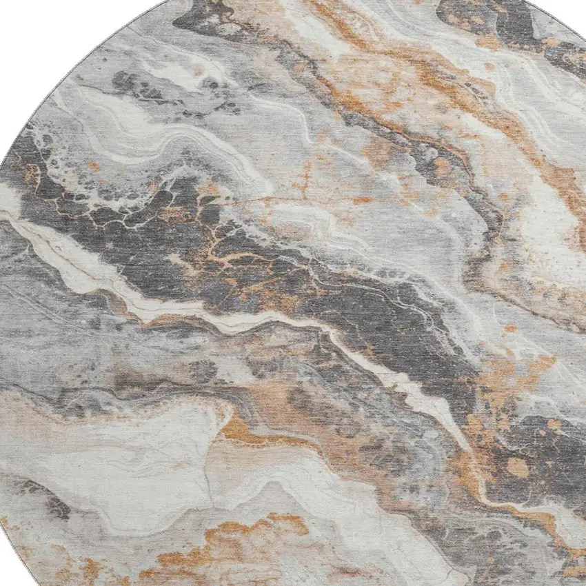 8' Silver Gray And Copper Abstract Washable Round Rug With UV Protection Photo 2