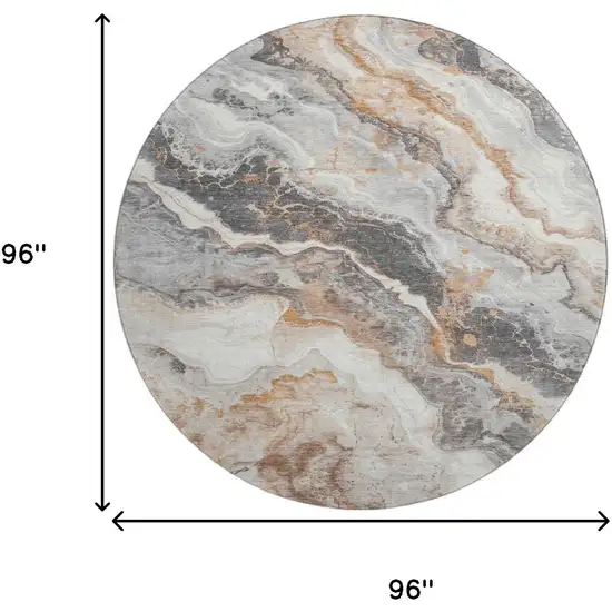 8' Silver Gray And Copper Abstract Washable Round Rug With UV Protection Photo 9