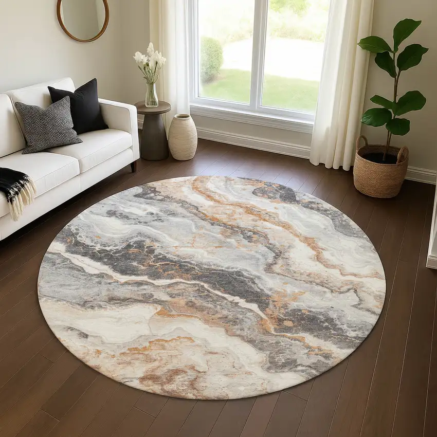 8' Silver Gray And Copper Abstract Washable Round Rug With UV Protection Photo 4
