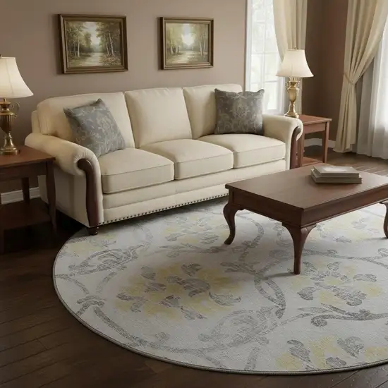 8' Silver Gray And Gold Floral Washable Round Rug With UV Protection Photo 2