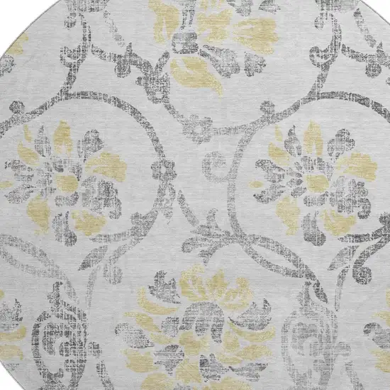 8' Silver Gray And Gold Floral Washable Round Rug With UV Protection Photo 3
