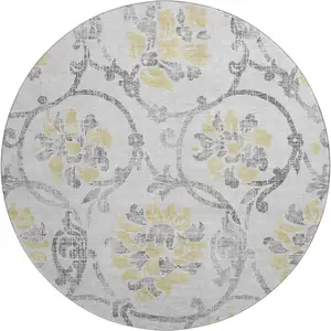 Photo of 8' Silver Gray And Gold Floral Washable Round Rug With UV Protection