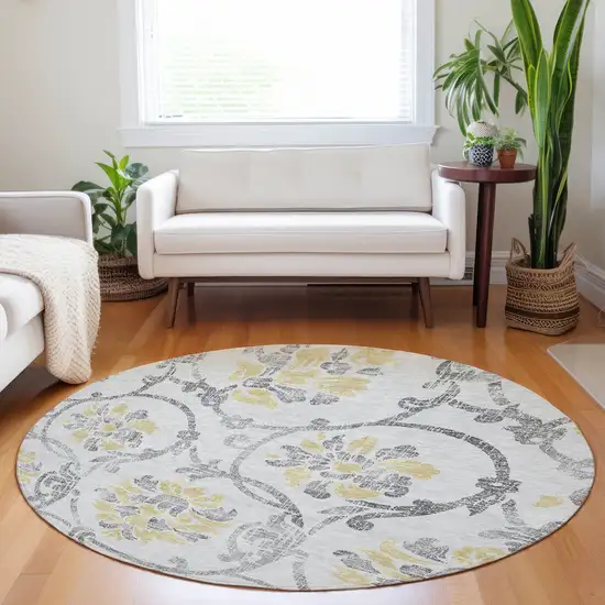 8' Silver Gray And Gold Floral Washable Round Rug With UV Protection Photo 5