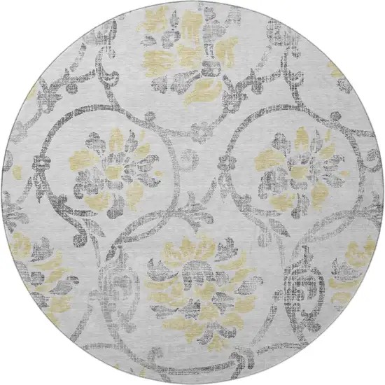 8' Silver Gray And Gold Floral Washable Round Rug With UV Protection Photo 4