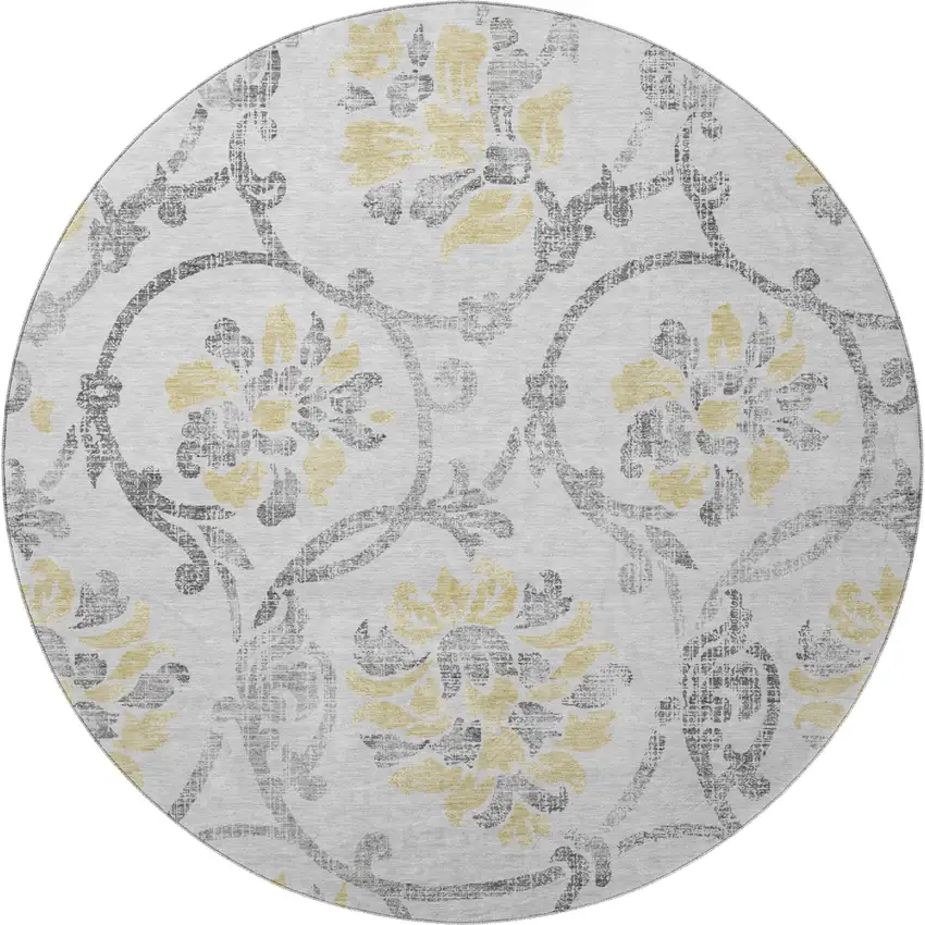 8' Silver Gray And Gold Floral Washable Round Rug With UV Protection Photo 4