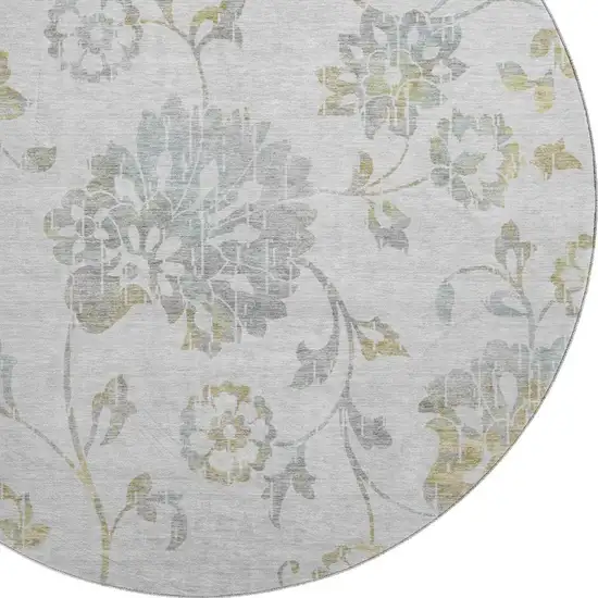 8' Silver Gray And Gold Floral Washable Round Rug With UV Protection Photo 3