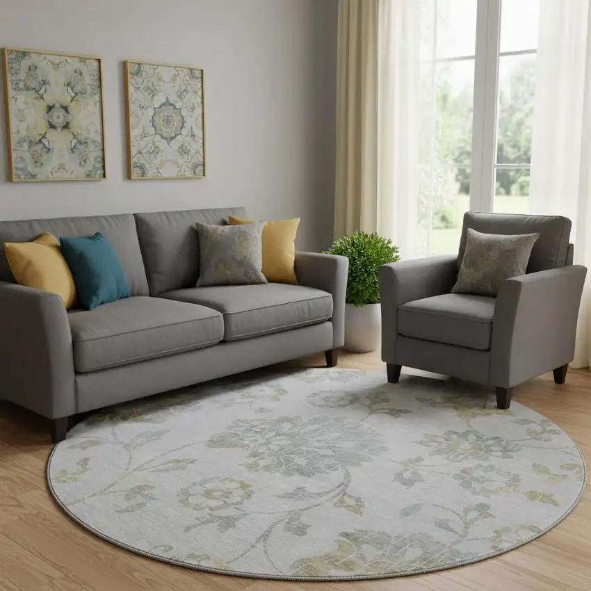 8' Silver Gray And Gold Floral Washable Round Rug With UV Protection Photo 1