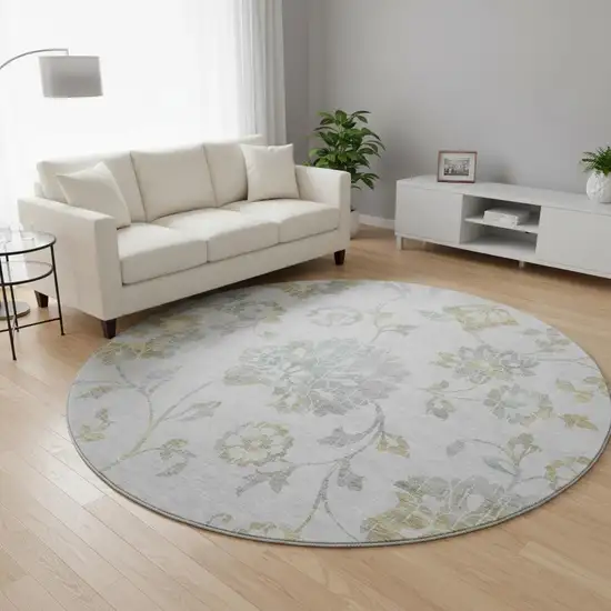 8' Silver Gray And Gold Floral Washable Round Rug With UV Protection Photo 2