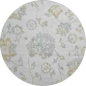 Photo of 8' Silver Gray And Gold Floral Washable Round Rug With UV Protection