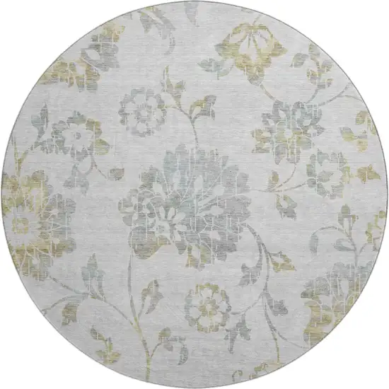 8' Silver Gray And Gold Floral Washable Round Rug With UV Protection Photo 1