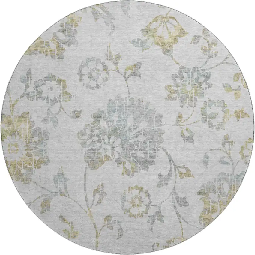 8' Silver Gray And Gold Floral Washable Round Rug With UV Protection Photo 1