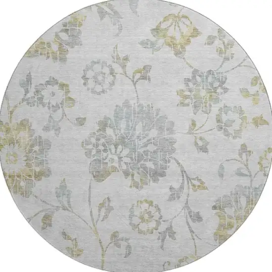 8' Silver Gray And Gold Floral Washable Round Rug With UV Protection Photo 4
