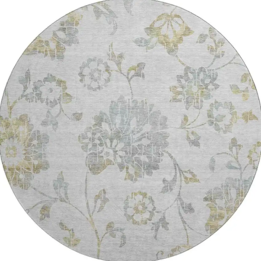 8' Silver Gray And Gold Floral Washable Round Rug With UV Protection Photo 4