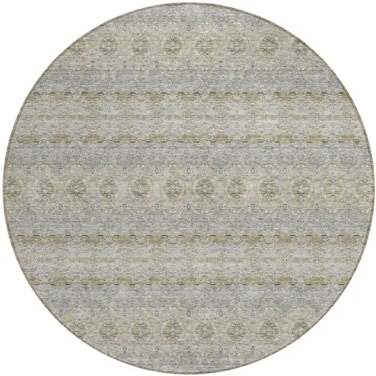 8' Silver Gray And Gold Round Floral Medallion Washable Indoor Outdoor Area Rug Photo 2