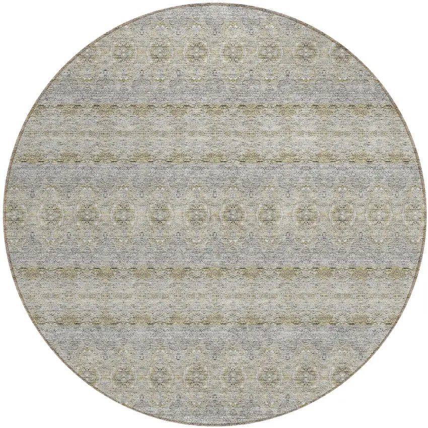 8' Silver Gray And Gold Round Floral Medallion Washable Indoor Outdoor Area Rug Photo 2