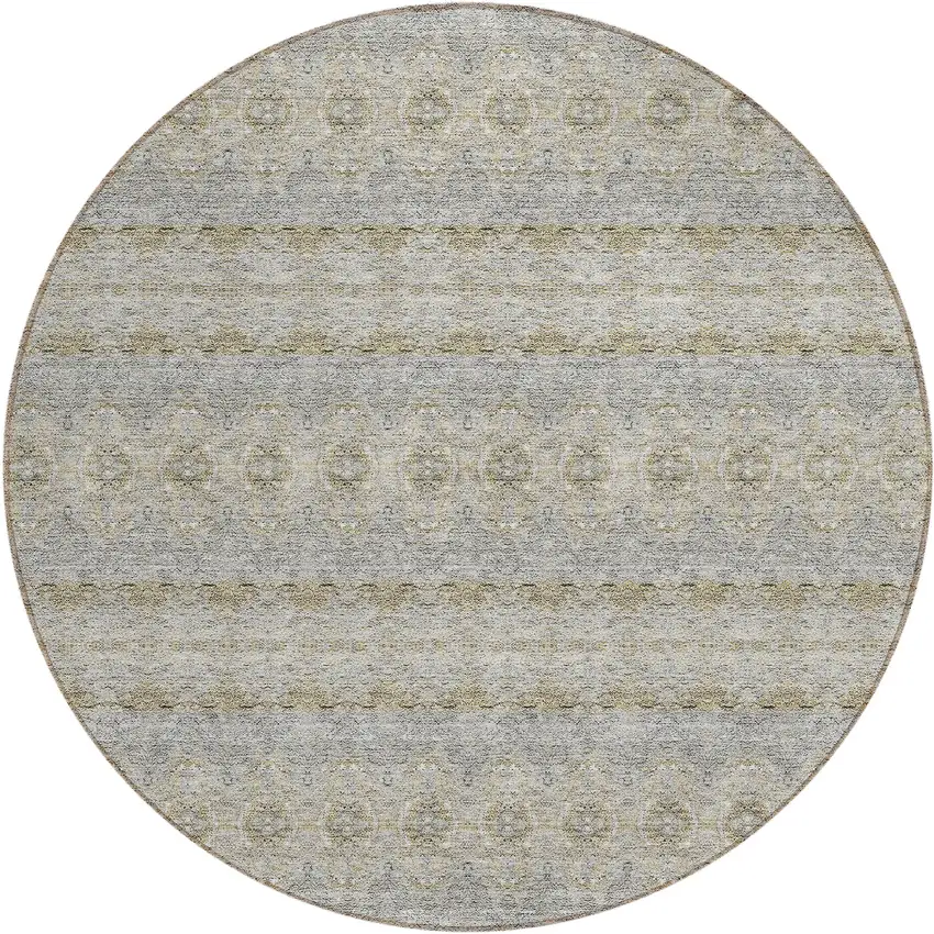 8' Silver Gray And Gold Round Floral Medallion Washable Indoor Outdoor Area Rug Photo 2