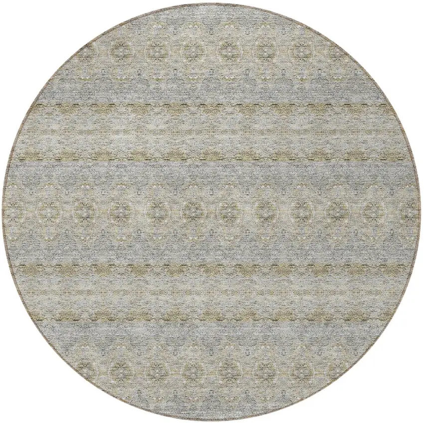 8' Silver Gray And Gold Round Floral Medallion Washable Indoor Outdoor Area Rug Photo 5