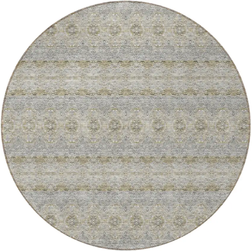 8' Silver Gray And Gold Round Floral Medallion Washable Indoor Outdoor Area Rug Photo 5