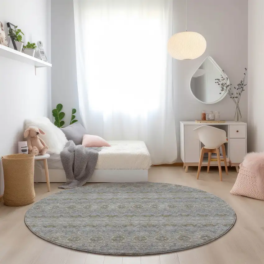 8' Silver Gray And Gold Round Floral Medallion Washable Indoor Outdoor Area Rug Photo 7