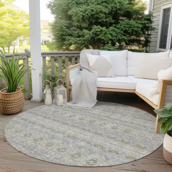 8' Silver Gray And Gold Round Floral Medallion Washable Indoor Outdoor Area Rug Photo 6