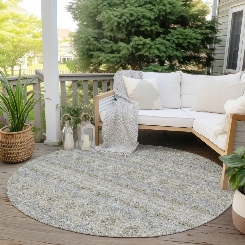 8' Silver Gray And Gold Round Floral Medallion Washable Indoor Outdoor Area Rug Photo 6