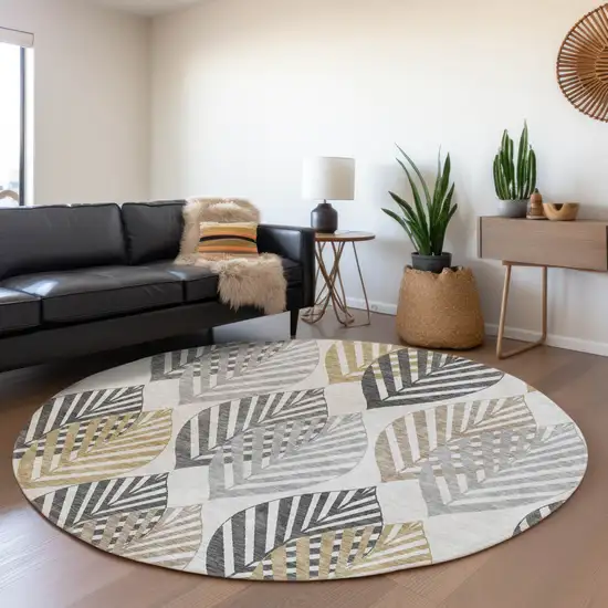 8' Silver Gray And Gold Round Floral Washable Indoor Outdoor Area Rug Photo 8