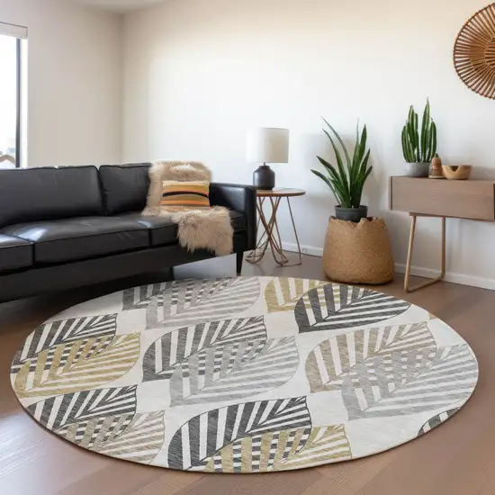 8' Silver Gray And Gold Round Floral Washable Indoor Outdoor Area Rug Photo 8