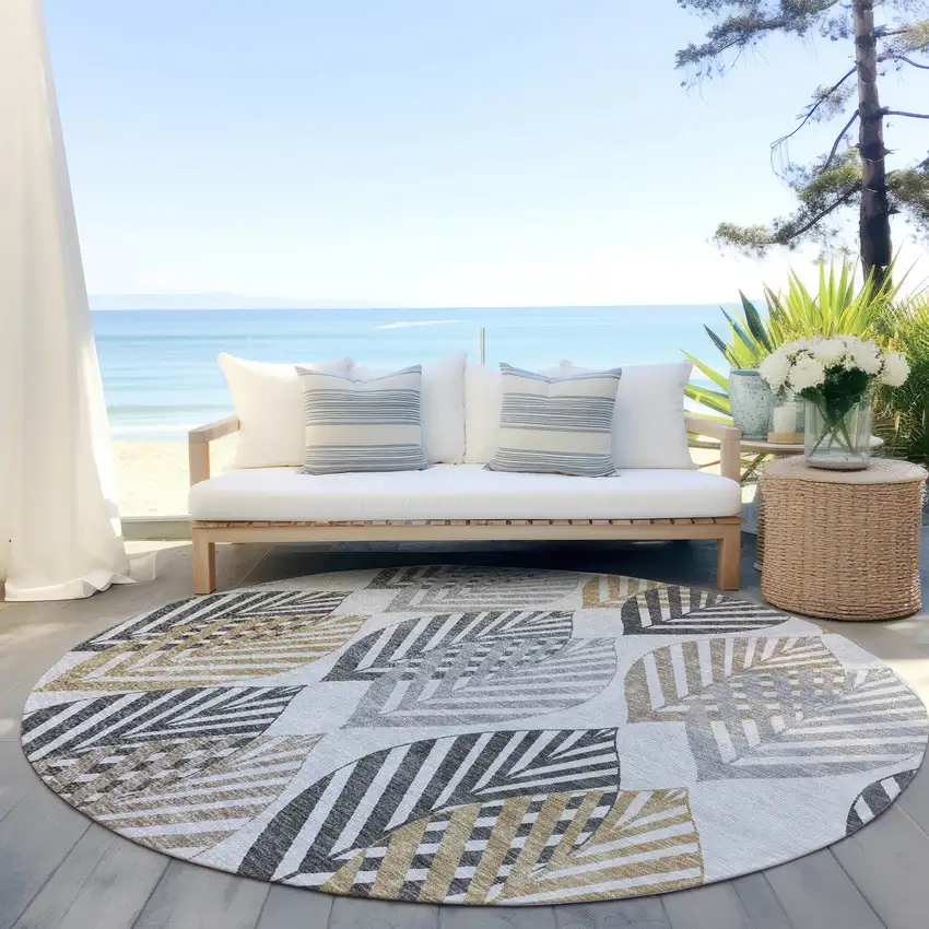 8' Silver Gray And Gold Round Floral Washable Indoor Outdoor Area Rug Photo 8