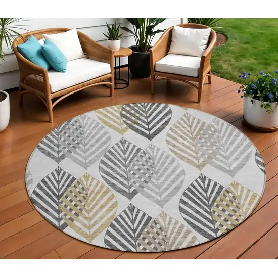 8' Silver Gray And Gold Round Floral Washable Indoor Outdoor Area Rug Photo 1