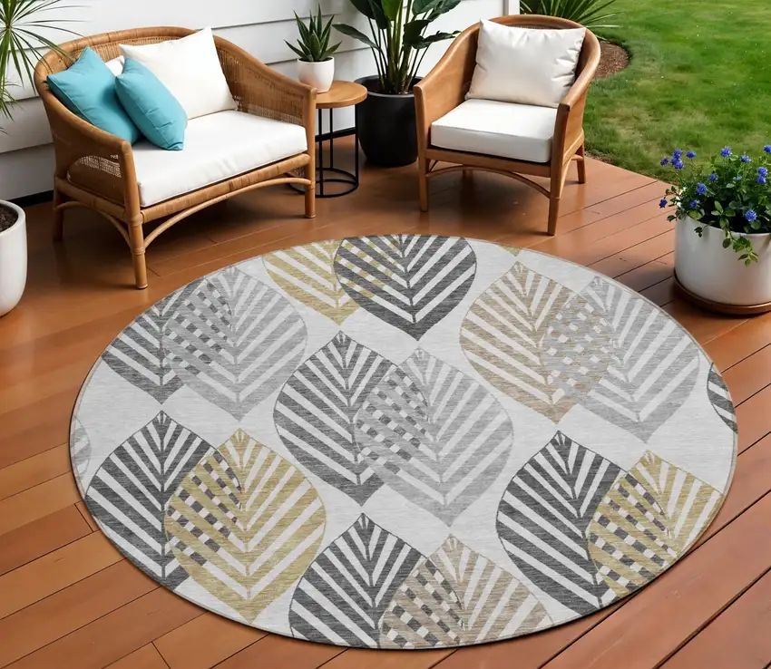 8' Silver Gray And Gold Round Floral Washable Indoor Outdoor Area Rug Photo 1