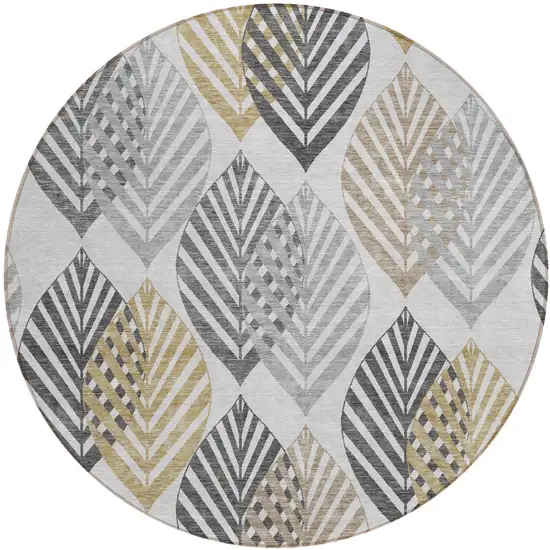 8' Silver Gray And Gold Round Floral Washable Indoor Outdoor Area Rug Photo 2