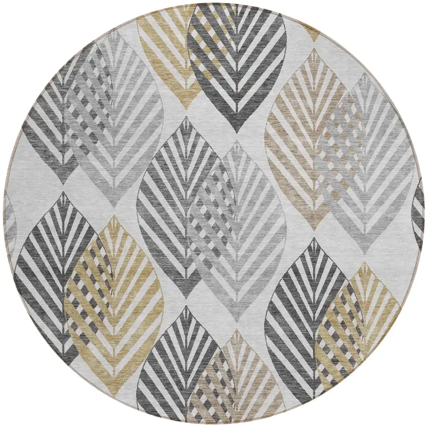 8' Silver Gray And Gold Round Floral Washable Indoor Outdoor Area Rug Photo 2