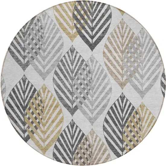 8' Silver Gray And Gold Round Floral Washable Indoor Outdoor Area Rug Photo 2