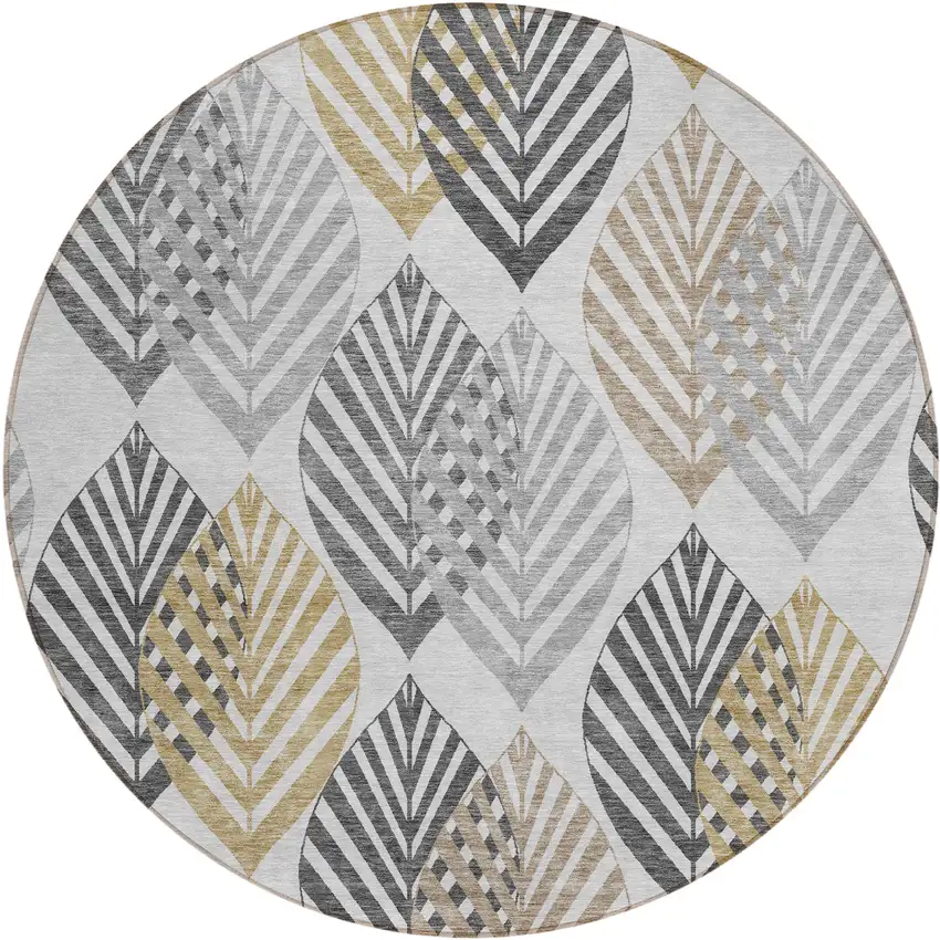 8' Silver Gray And Gold Round Floral Washable Indoor Outdoor Area Rug Photo 2