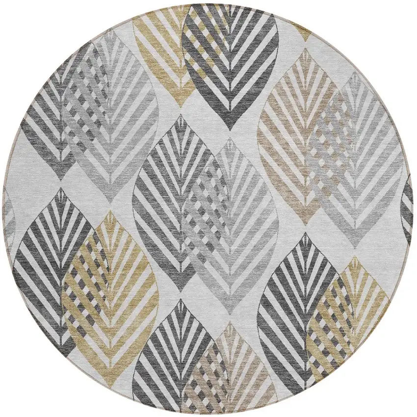 8' Silver Gray And Gold Round Floral Washable Indoor Outdoor Area Rug Photo 7