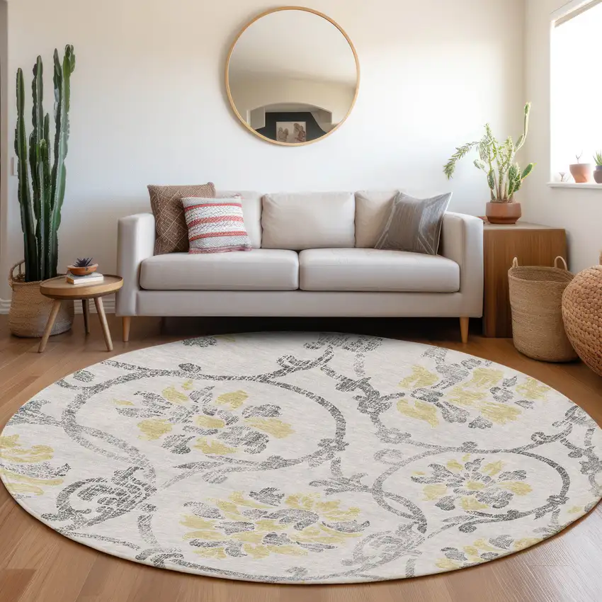 8' Silver Gray And Gold Round Floral Washable Indoor Outdoor Area Rug Photo 8
