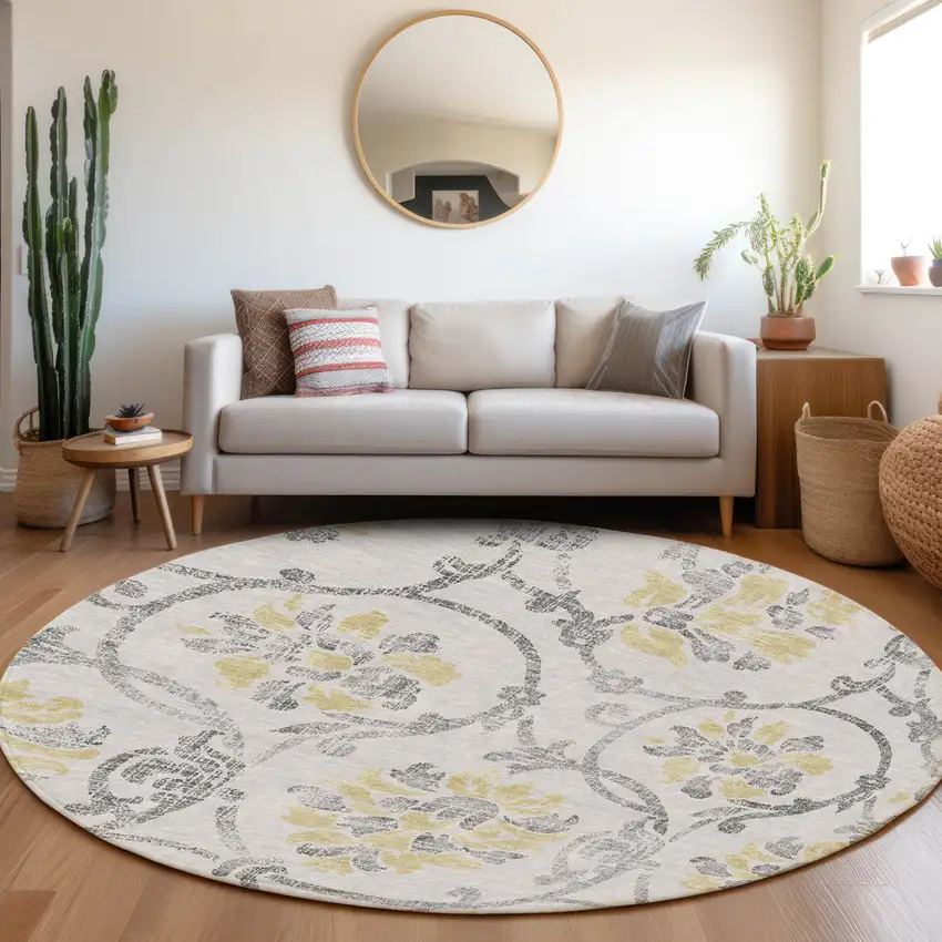 8' Silver Gray And Gold Round Floral Washable Indoor Outdoor Area Rug Photo 8