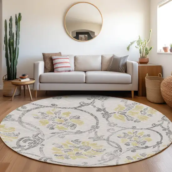 8' Silver Gray And Gold Round Floral Washable Indoor Outdoor Area Rug Photo 8