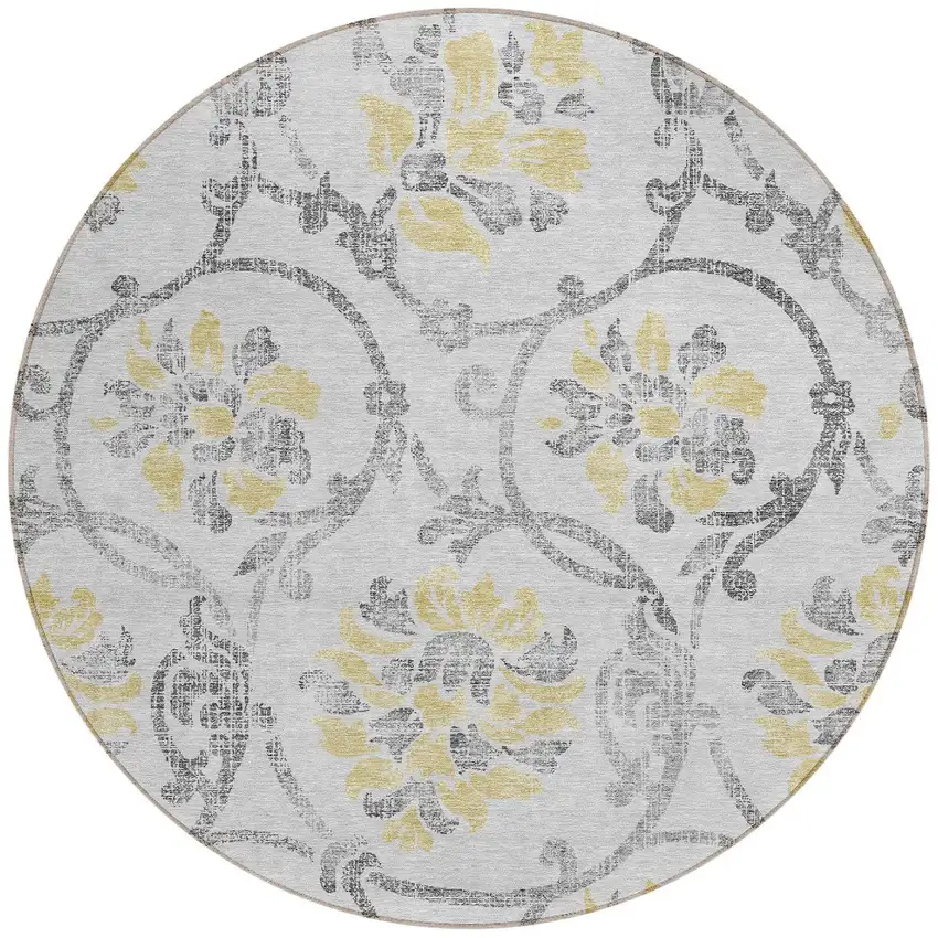 8' Silver Gray And Gold Round Floral Washable Indoor Outdoor Area Rug Photo 6