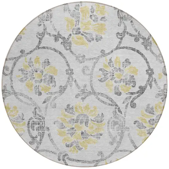 8' Silver Gray And Gold Round Floral Washable Indoor Outdoor Area Rug Photo 6
