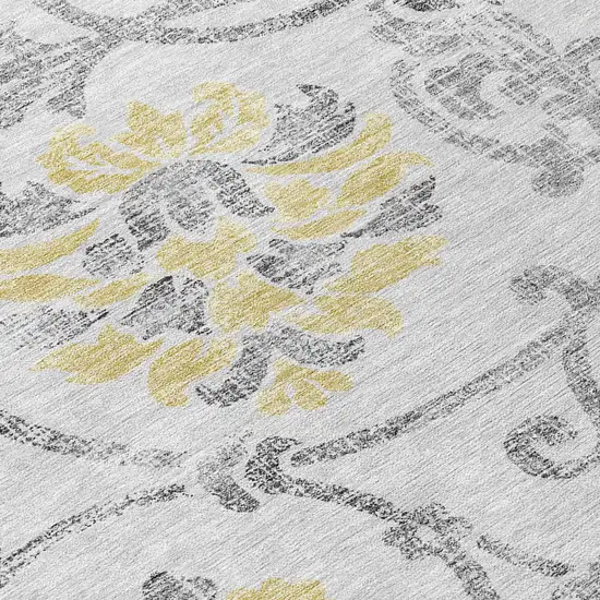 8' Silver Gray And Gold Round Floral Washable Indoor Outdoor Area Rug Photo 5