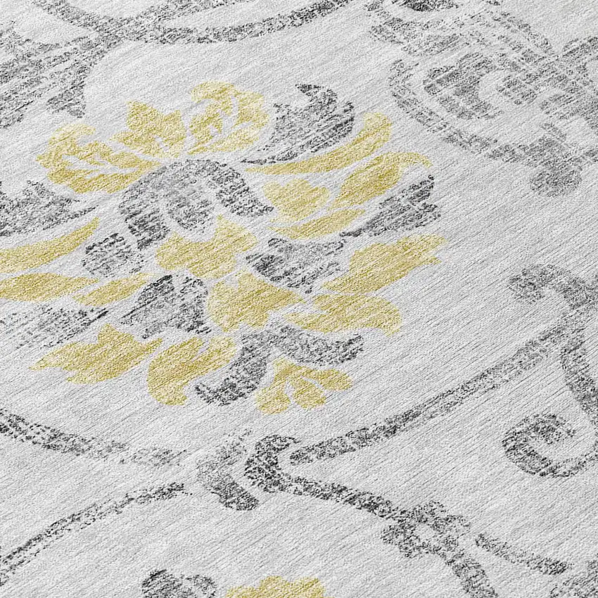 8' Silver Gray And Gold Round Floral Washable Indoor Outdoor Area Rug Photo 5