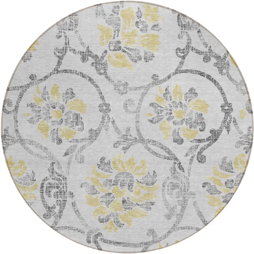 8' Silver Gray And Gold Round Floral Washable Indoor Outdoor Area Rug Photo 1