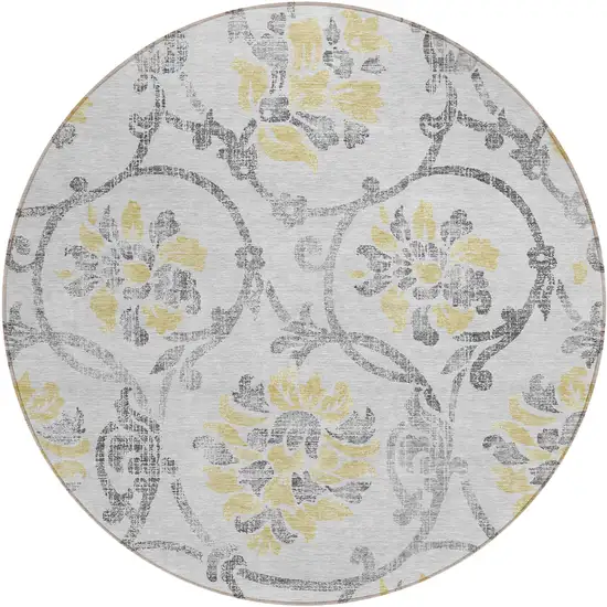 8' Silver Gray And Gold Round Floral Washable Indoor Outdoor Area Rug Photo 1