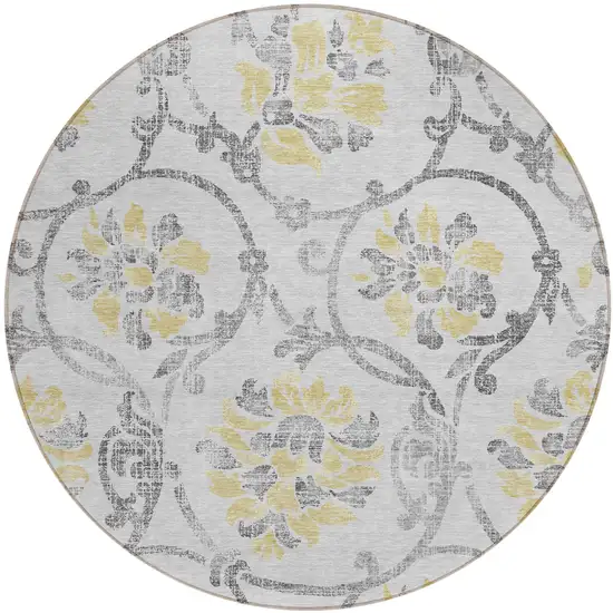 8' Silver Gray And Gold Round Floral Washable Indoor Outdoor Area Rug Photo 1