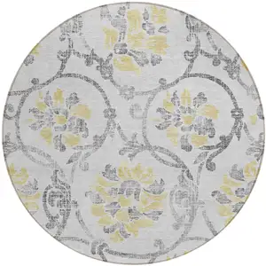 Photo of 8' Silver Gray And Gold Round Floral Washable Indoor Outdoor Area Rug
