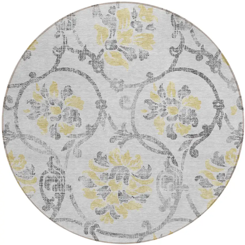 8' Silver Gray And Gold Round Floral Washable Indoor Outdoor Area Rug Photo 1